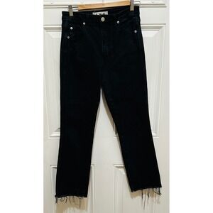 AMO Womens High Rise Straight Leg Crop‎ Frayed Hem Black Denim Jeans